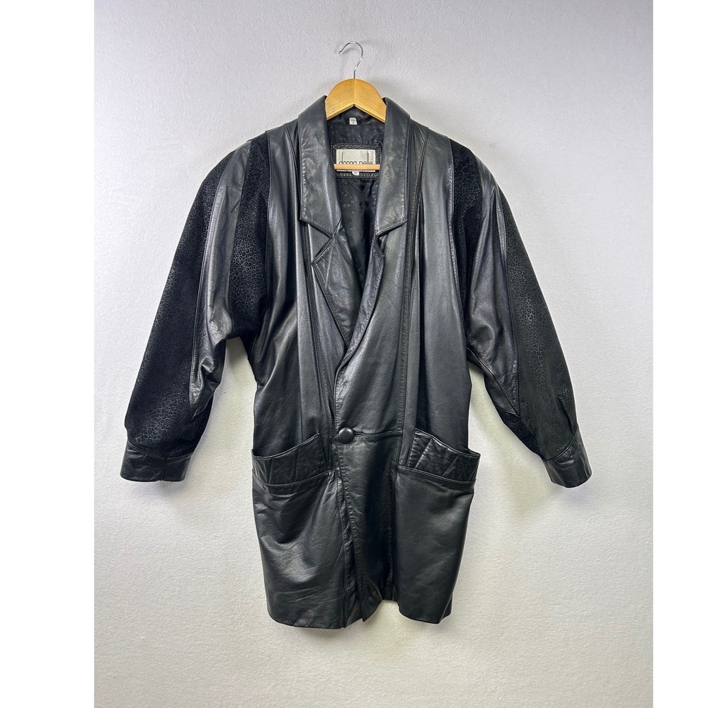 Vintage Donna Pelle Leather Jacket‎ Black Textured Sleeve Button Women's Small
